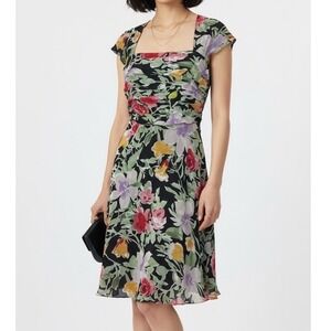 Talbots‎ Floral 100% Silk Fit and Flare Lined Dress 8P Petite Back Zip Ruched